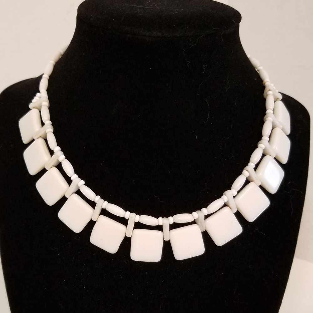 Vintage Square Milk Glass Beaded Choker Necklace